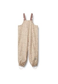 Beige Latzhose mit floralem Muster, verstellbaren rosa gestreiften Trägern, elastischen Bündchen und einem dekorativen Logopatch am linken Bein.