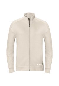 Veste zippée beige clair avec un motif en losange texturé, col plat et poignets côtelés. Présente un logo sur le côté inférieur droit.