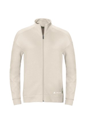 Lichtbeige ritsjack met een gestructureerd ruitpatroon, platte kraag en geribbelde manchetten. Bevat een logo aan de onderzijde rechts.