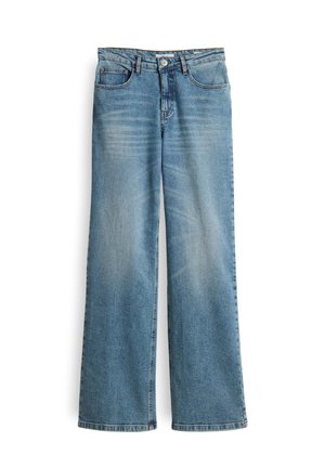 Hellblaue weit geschnittene Jeans mit faded Waschung, fünf Taschen, Knopfverschluss und Gürtelschlaufen, aus Jeansmaterial gefertigt.
