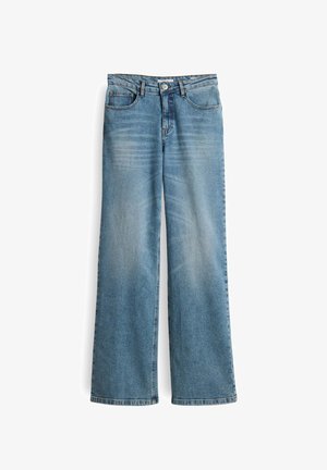 Jeans larges bleu clair avec une décoloration, design à cinq poches, fermeture à bouton et passants de ceinture, fabriqués en tissu en denim.