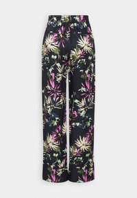 Zwarte wijd uitlopende broek met bloemenprint, voorzien van levendige patronen in roze, groen en blauw, met een elastische taille voor comfort.