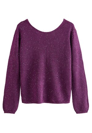 Violetti neule, jossa on rento kappaleen muotoinen kaula-aukko, pitkät hihat ja textured-pinta, jossa on hopeisia pilkkuja kauttaaltaan.