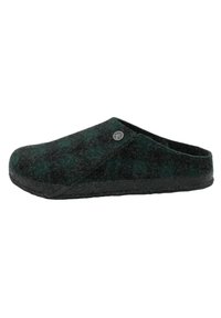 Felt slip-on clog featuring a dark green and black check pattern, a rounded toe, and a textured sole. Includes a round logo accent on the side.