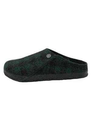 Felt slip-on clog featuring a dark green and black check pattern, a rounded toe, and a textured sole. Includes a round logo accent on the side.