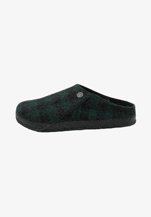 Felt slip-on clog featuring a dark green and black check pattern, a rounded toe, and a textured sole. Includes a round logo accent on the side.