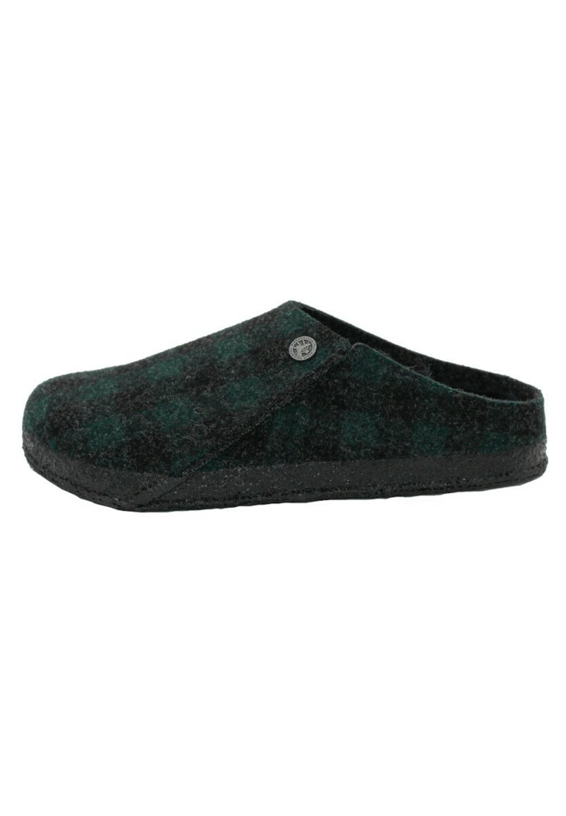Felt slip-on clog featuring a dark green and black check pattern, a rounded toe, and a textured sole. Includes a round logo accent on the side.