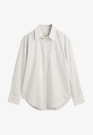 Camicia bianca con bottoni, a righe navy strette, maniche lunghe, taschino frontale e orlo arrotondato. Realizzata in un leggero mix di cotone.