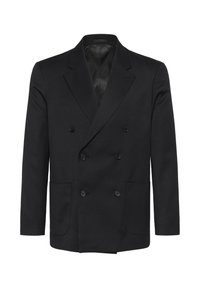 Juodasis dvigubas švarkas iš tekstūruoto audinio, su dviem priekinėmis kišenėmis, įpjovomis apykaklėmis ir šešiais mygtukais priekyje.