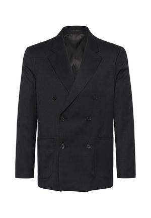 Juodasis dvigubas švarkas iš tekstūruoto audinio, su dviem priekinėmis kišenėmis, įpjovomis apykaklėmis ir šešiais mygtukais priekyje.