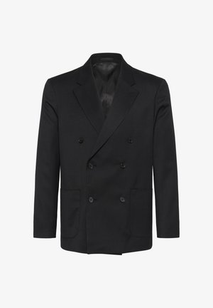Blazer nero doppiopetto con tessuto testurizzato, due tasche anteriori, rever a punta e sei bottoni sul davanti.