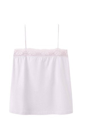 Bela brezrokavnik z tankimi naramnicami in čipkastim robom vzdolž zgornjega roba, ohlapnega kroja s gladko teksturo tkanine.