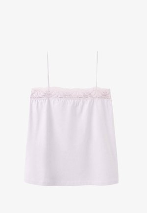 Bela brezrokavnik z tankimi naramnicami in čipkastim robom vzdolž zgornjega roba, ohlapnega kroja s gladko teksturo tkanine.