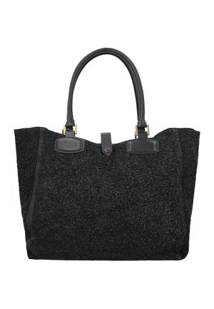 Borsa tote nera con texture, due manici arrotondati in pelle, rifiniture in pelle e chiusura con bottone automatico al centro superiore.