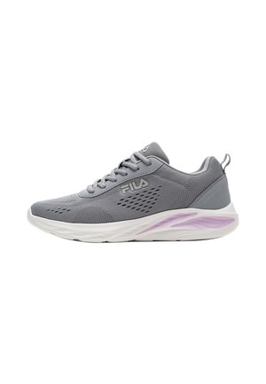 Gray FILA athletic sneaker with white and light purple sole, mesh upper, and laces, shown from the side on a white background.