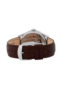 Brūns ādas pulksteņa siksniņa, nerūsējošā tērauda korpuss, noapaļota forma un sudraba piederumi. Redzams aizmugures dizains ar skaidru stiklu.