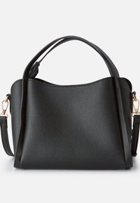 Sac à main en cuir noir avec une finition texturée, doté de poignées doubles et d'une bandoulière amovible. Accents en métal doré.