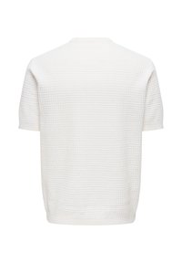 Haut en maille blanc à manches courtes avec motif gaufré texturé et poignets et ourlet côtelés, présenté de dos sur fond blanc.
