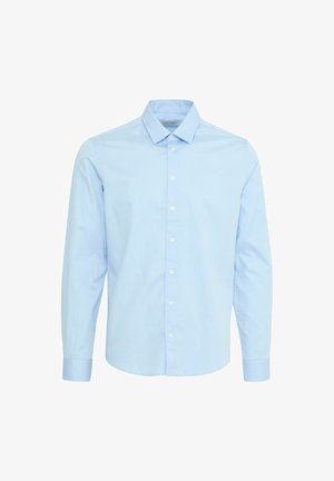 Lichtblauw lange mouwen overhemd gemaakt van katoen, met een geblokt patroon, knopen voorkant en een standaard kraag met knoopmanchetten.