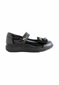 Chaussures Mary Jane en cuir verni noir avec un bout arrondi, une sangle ajustable et un nœud décoratif à l'avant. Semelle en caoutchouc légère.