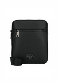 Borsa a tracolla in pelle nera con finitura texturizzata, tasca frontale con zip, tracolla regolabile e piccolo dettaglio con logo a diamante.