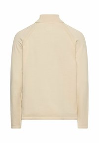 Cremfarbener Langarm-Pullover mit hohem Rippkragen, sichtbaren Nahtdetails und einer schlichten Stricktextur, von hinten gezeigt.