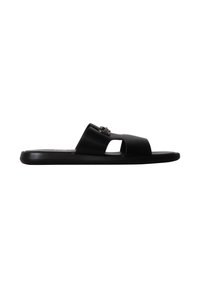 Sandale slide en cuir noir avec bout ouvert et design découpé, avec un petit logo métallique sur la bride.