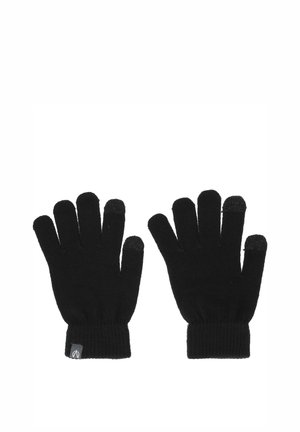 Sorte strikkede handsker med ribbede manchetter, der har fingerspidser, der er kompatible med touchscreen. Blød tekstur og standard fem-finger design for varme.
