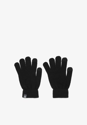 Sorte strikkede handsker med ribbede manchetter, der har fingerspidser, der er kompatible med touchscreen. Blød tekstur og standard fem-finger design for varme.