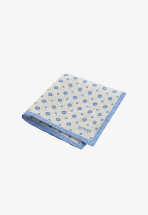 Pañuelo de lino beige con patrones florales circulares azules y borde azul, doblado cuidadosamente con el logo "BOGGI MILANO" en la esquina.