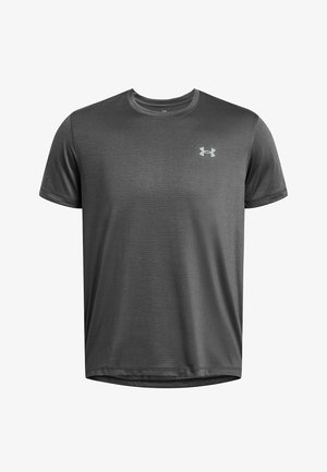 Koszulka sportowa z krótkim rękawem w ciemnoszarym kolorze o gładkiej teksturze, z odblaskowym logo na lewej piersi i okrągłym dekoltem.