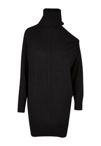 Schwarzer, oversize Pullover mit hohem Kragen, asymmetrischem Ausschnitt an der Schulter, langen Ärmeln und geripptem Saum. Weiche Stricktextur.