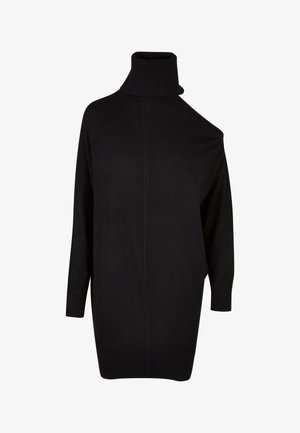 Must svart suuruse eestkõrgusega sviiter kõrge kraega, millel on asümmeetriline õlavarre lõige, pikad varrukad ja soonikulehe äär. Pehme kudumise tekstuur.