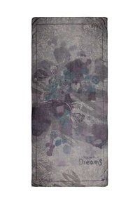 Bufanda rectangular de estampado floral abstracto en tonos gris y púrpura, con la palabra "Sueños" escrita cerca de una esquina.