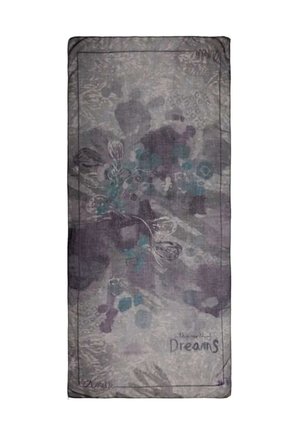 Bufanda rectangular de estampado floral abstracto en tonos gris y púrpura, con la palabra "Sueños" escrita cerca de una esquina.