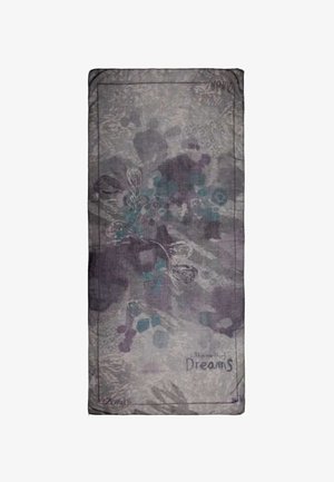 Foulard rectangulaire abstrait à motif floral gris et violet avec le mot "Rêves" écrit près d'un coin.