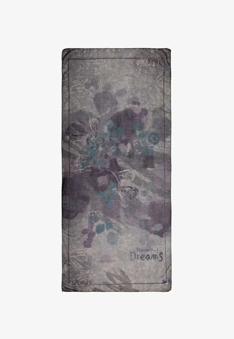 Bufanda rectangular de estampado floral abstracto en tonos gris y púrpura, con la palabra "Sueños" escrita cerca de una esquina.