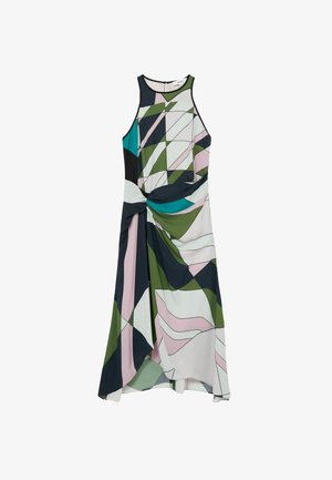 Põlvikõrgune kleit geomeetrilise mustriga rohelises, sinises, roosas ja valges. Omab sõlmitud esisosaga ja ilma laatudeta disaini. Pehme kangas.