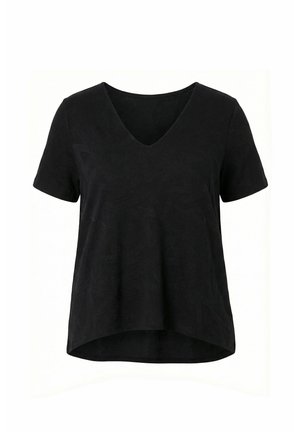 Czarny T-shirt z krótkim rękawem i dekoltem w serek, z lekko zaokrąglonym dołem, prezentowany na jednolitym białym tle.