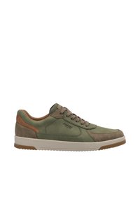 Grüne Sneaker aus Leder und Wildleder mit beigen Akzenten, runder Zehenform, Schnürsenkeln und einer strukturierten Gummisohle. Markenlogo an der Seite.