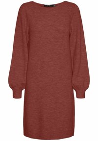 Robe-pull tricotée à manches longues de couleur rouille avec des poignets côtelés et un col rond.