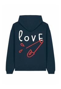Felpa navy con testo bianco "love" e design di spilli di sicurezza rossi e gocce sul retro. Materiale misto cotone con una consistenza morbida.