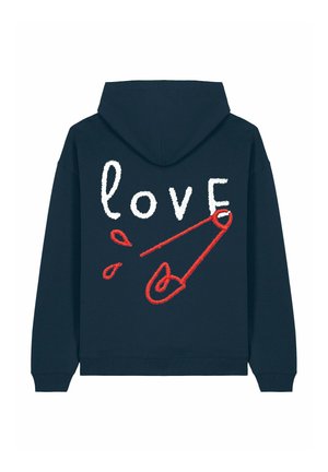 Felpa navy con testo bianco "love" e design di spilli di sicurezza rossi e gocce sul retro. Materiale misto cotone con una consistenza morbida.