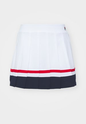 Balta plisuota sijonas su plačiu juosmeniu, turi raudonas ir tamsiai mėlynas juosteles palei apatinį kraštą. Pagamintas iš lengvos medžiagos.