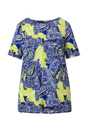 Lyhythihainen tunika, jossa sinivalkoinen ja keltainen paisley-kuvio, pyöreä pääntie ja väljä istuvuus.