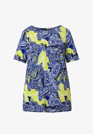 Tunique à manches courtes avec motif paisley bleu, blanc et jaune, col rond et coupe ample.