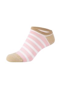 Calzini alla caviglia a strisce rosa e bianche con punta e risvolto in oro metallizzato. Realizzati in tessuto morbido, presentano un design a taglio basso.