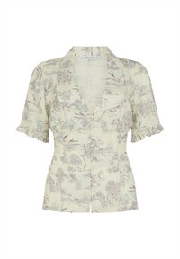 Short-sleeve button-up shirt in light yellow fabric, featuring a floral pattern with birds and ruffled shoulders. Notched collar and fitted design.