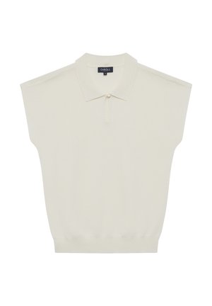 Crème korte mouwen polo trui met een ribbelstructuur, zachte stof en een knoopsluiting bij de hals met een kleine kraag. Rechte zoom.