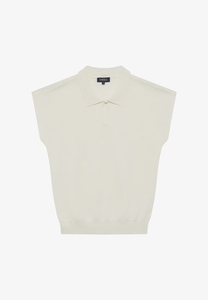 Cremefarbener Polo-Pullover mit kurzen Ärmeln, der über eine gerippte Textur, weichen Stoff und einen knöpfbaren Ausschnitt mit kleinem Kragen verfügt. Gerade Saumlinie.